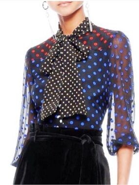 Alice + Olivia Black Sheer Polka Dot Bow Blouse with Blue & Red Dots